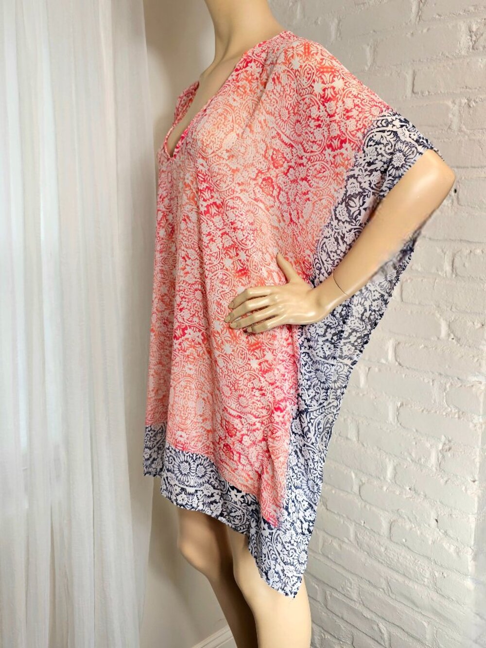 Tommy Bahama Kaftan Cover-Up Size M Coral Navy Border Print Beach - Picture 5 of 7